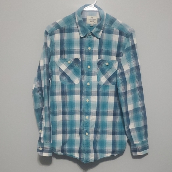 American Eagle Shirt Men's Size Medium M BLUE WHITE GREY plaid Button-Do… - Picture 1 of 7